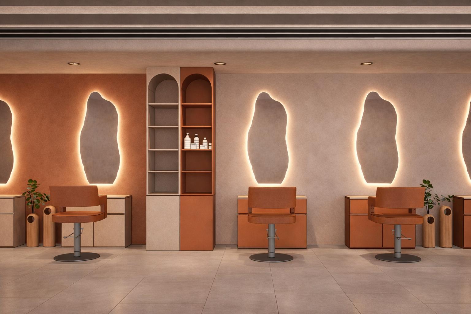 Styling stations with arched display shelving