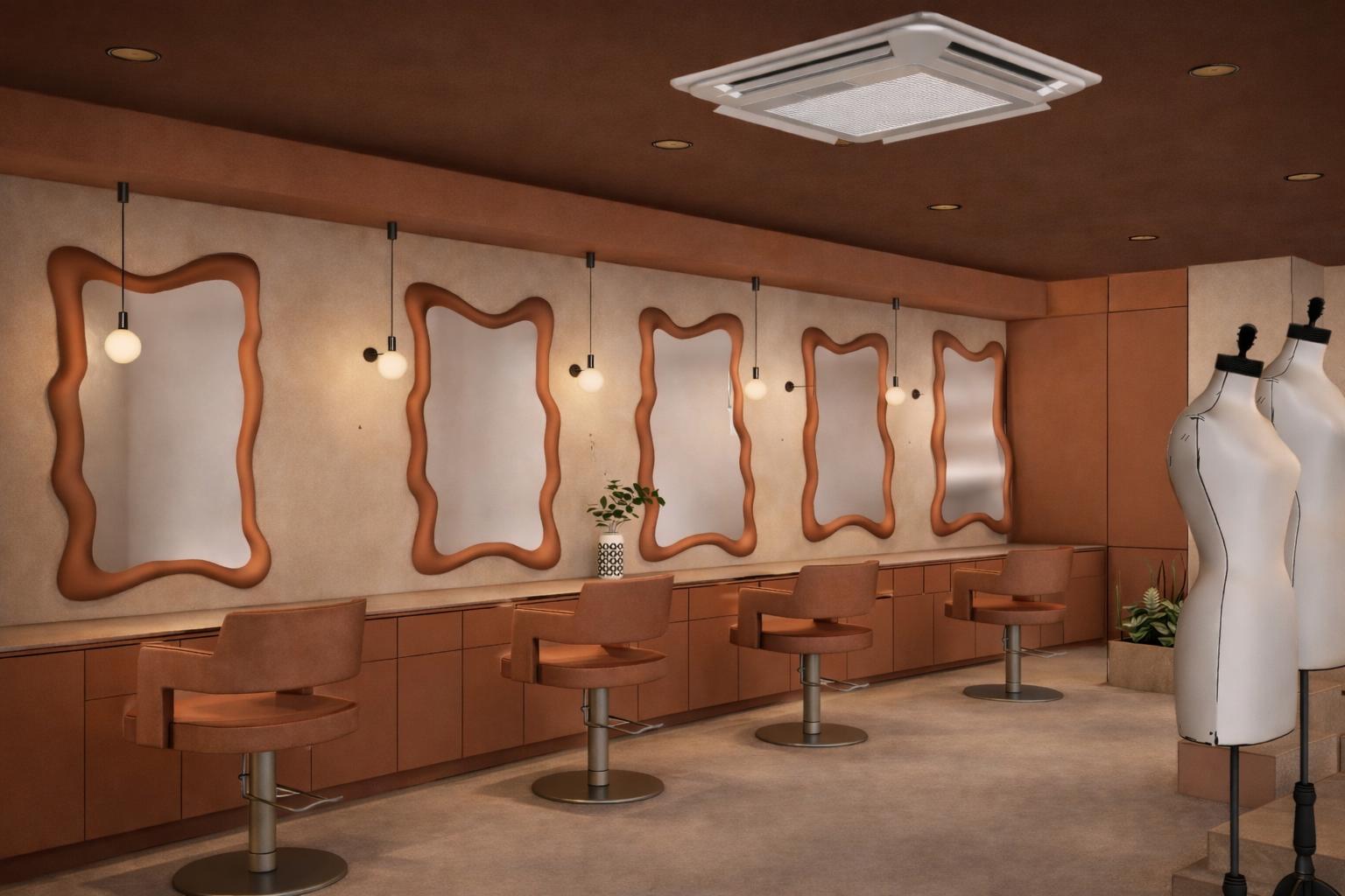 Row of wavy makeup mirrors under pendant globes