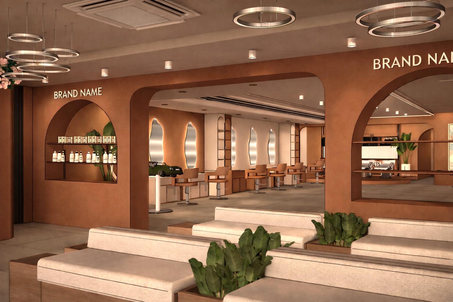 Arched brand niches above the lobby benches