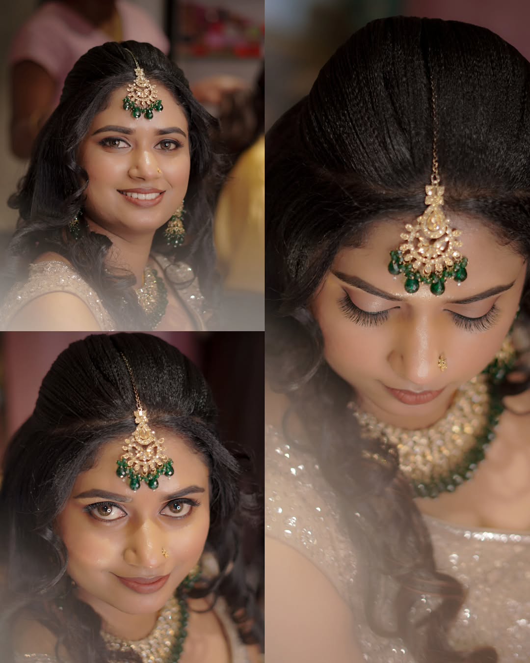 Bridal makeup with a green and gold kundan maang tikka
